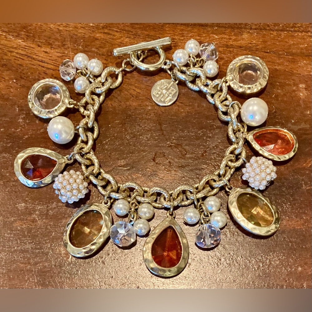 White House Black Market Gold-Tone Charm Bracelet with Amber and Clear Stones